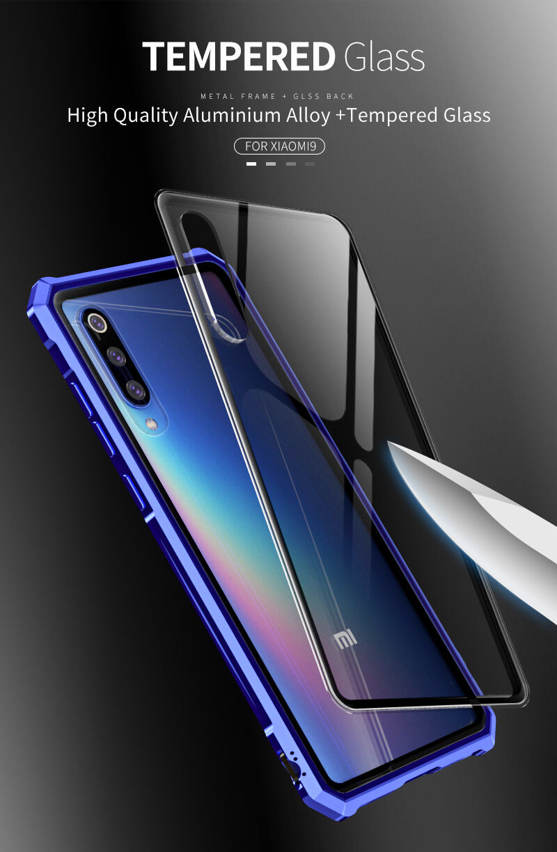 Kryt s kovovým rámčekom a tvrdeným sklom pre Xiaomi Mi 9 - modrý