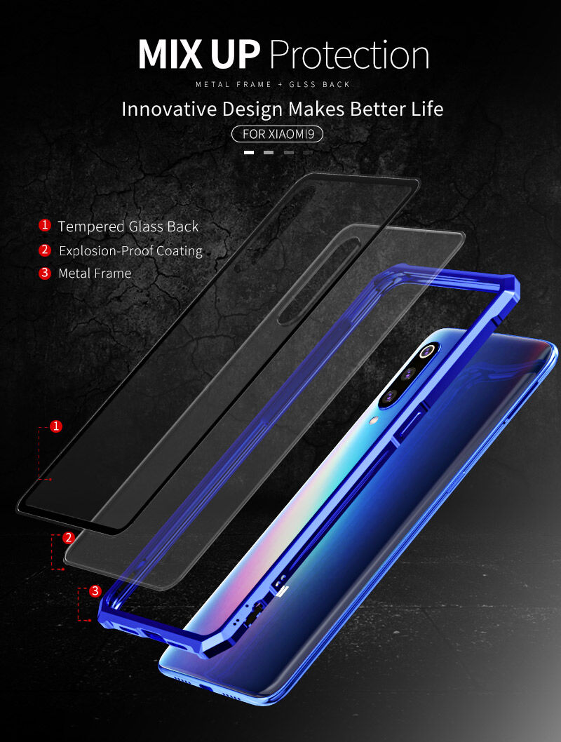 Kryt s kovovým rámčekom a tvrdeným sklom pre Xiaomi Mi 9 - modrý
