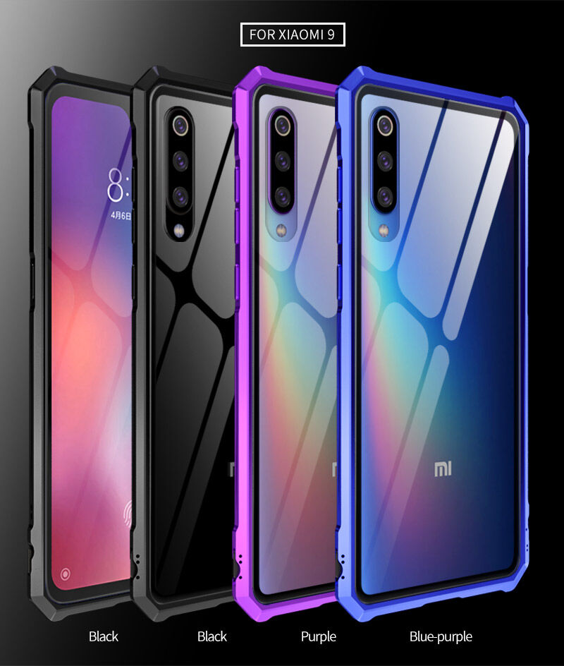 Kryt s kovovým rámčekom a tvrdeným sklom pre Xiaomi Mi 9 - modrý