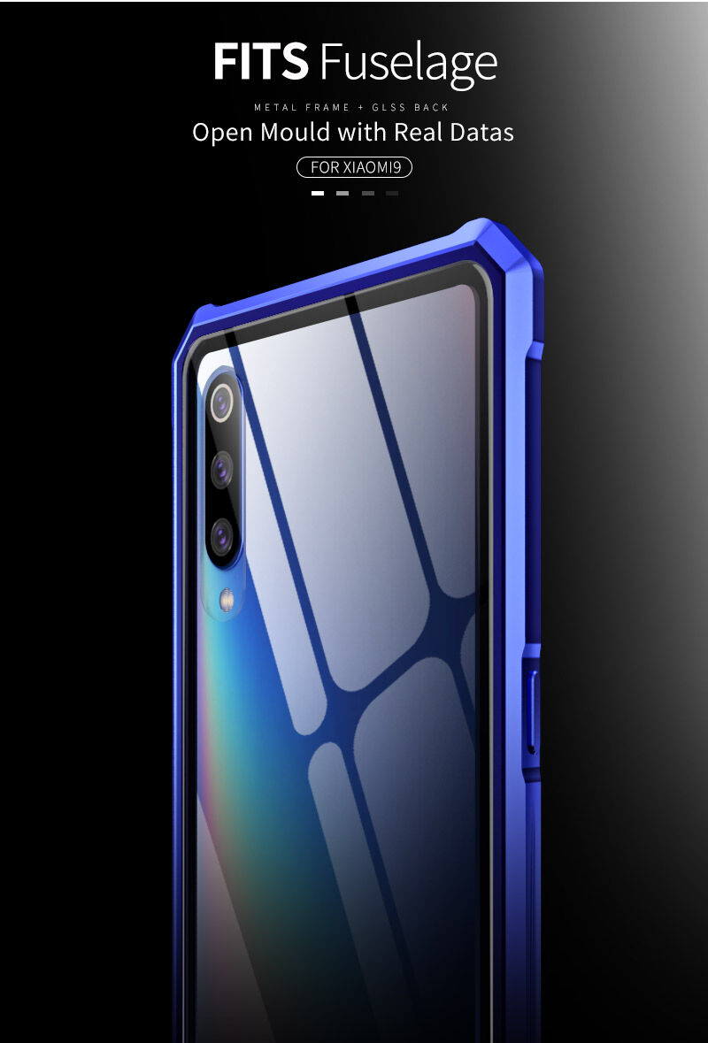 Kryt s kovovým rámčekom a tvrdeným sklom pre Xiaomi Mi 9 - modrý