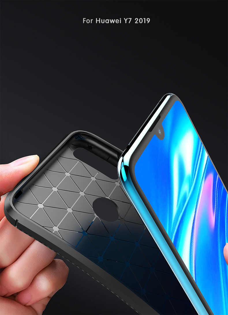 Plastový kryt s textúrou karbónu pre Huawei Y7 (2019) - tmavomodrý