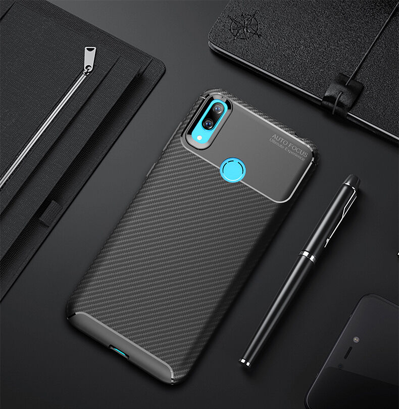 Plastový kryt s textúrou karbónu pre Huawei Y7 (2019) - tmavomodrý