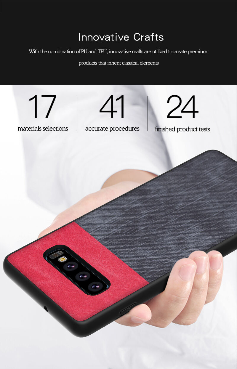 Ochranný koženkový kryt s textúrou džínsoviny pre Samsung Galaxy S10 Plus - červený