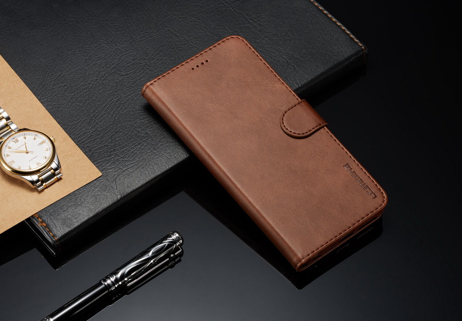 LC.imeeke peňaženkové kožené puzdro pre Xiaomi Redmi Note 6 Pro - kávové