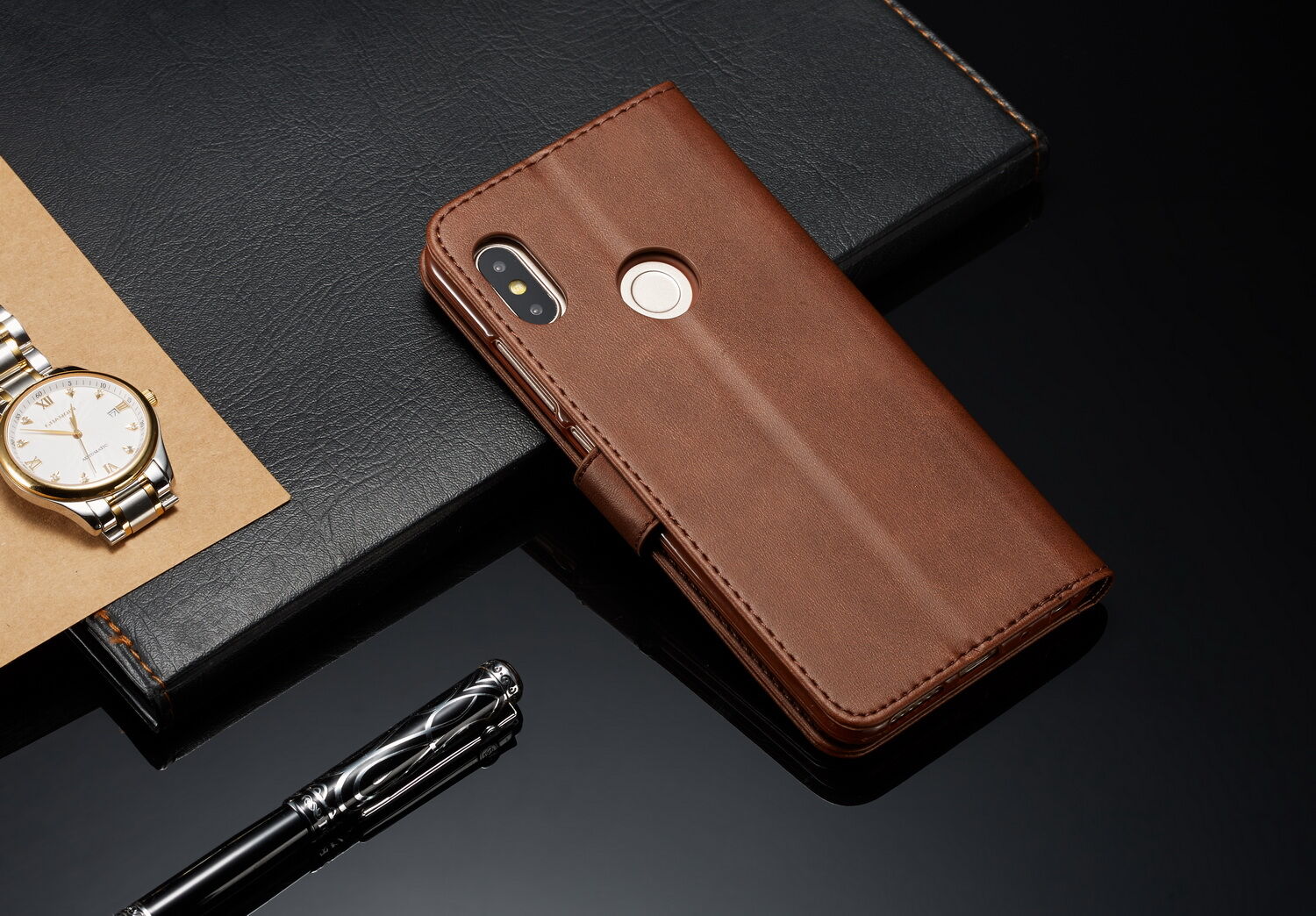LC.imeeke peňaženkové kožené puzdro pre Xiaomi Redmi Note 6 Pro - kávové