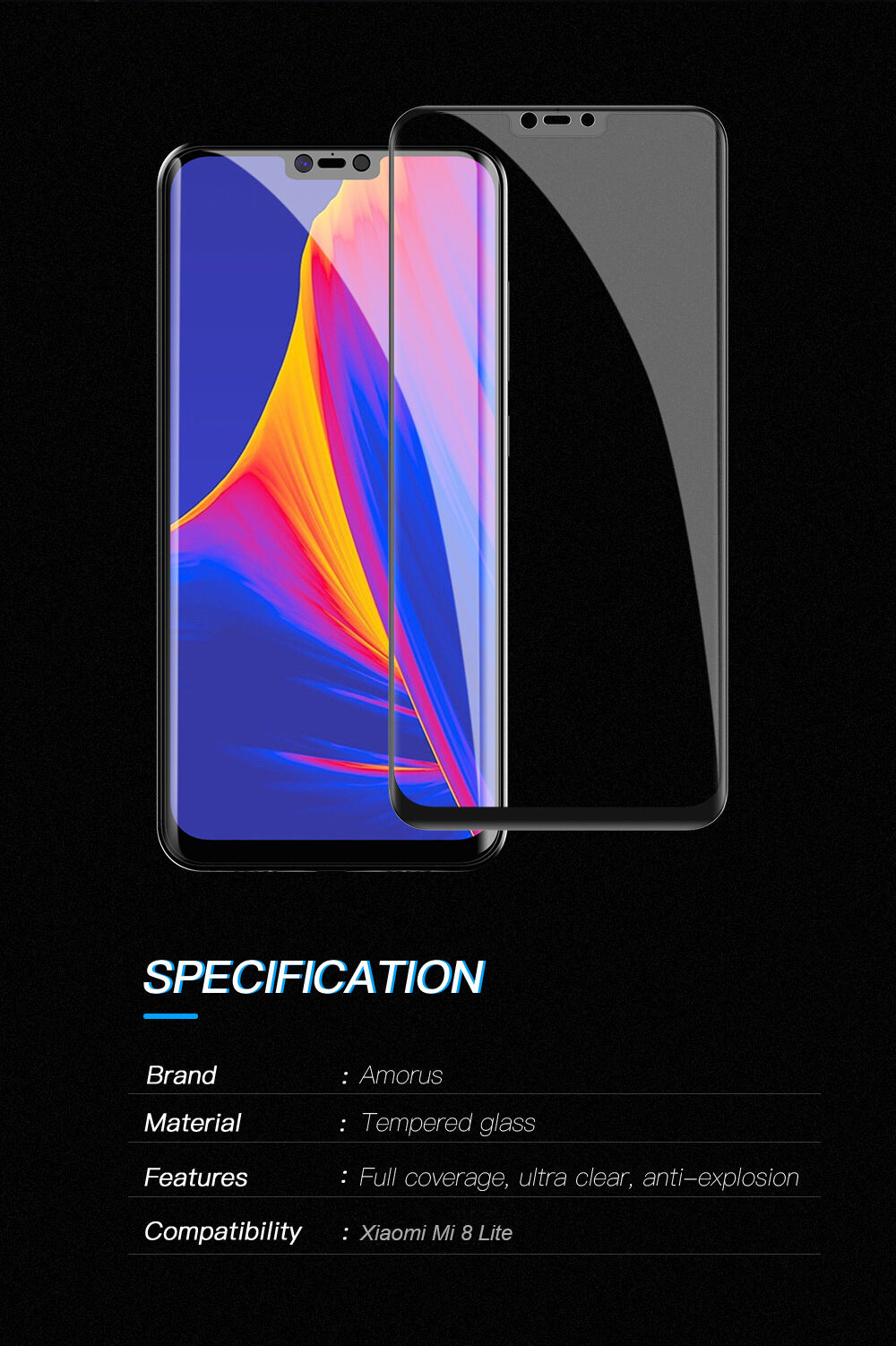 Amorus Tvrdené sklo 3D pre Xiaomi Mi 8 Lite - čierne