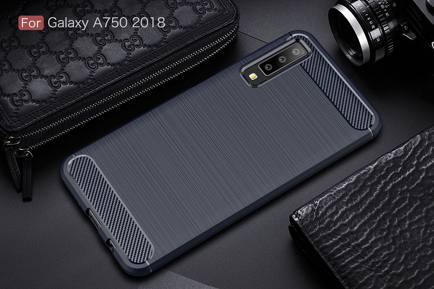 Plastový kryt s brúsenou textúrou pre Samsung Galaxy A7 (2018) - tmavomodrý