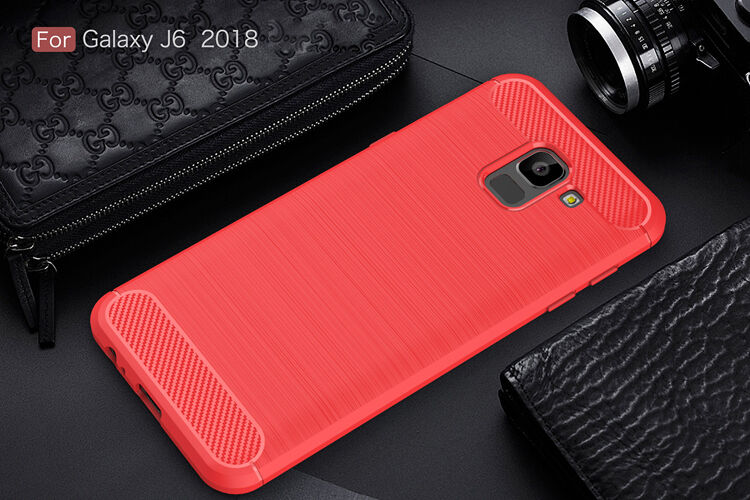 Plastový kryt s brúsenou textúrou pre Samsung Galaxy J6 (2018) - červený
