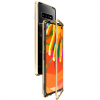 Luphie kryt s magnetickým rámčekom a tvrdeným sklom pre Samsung Galaxy S10 - zlatý